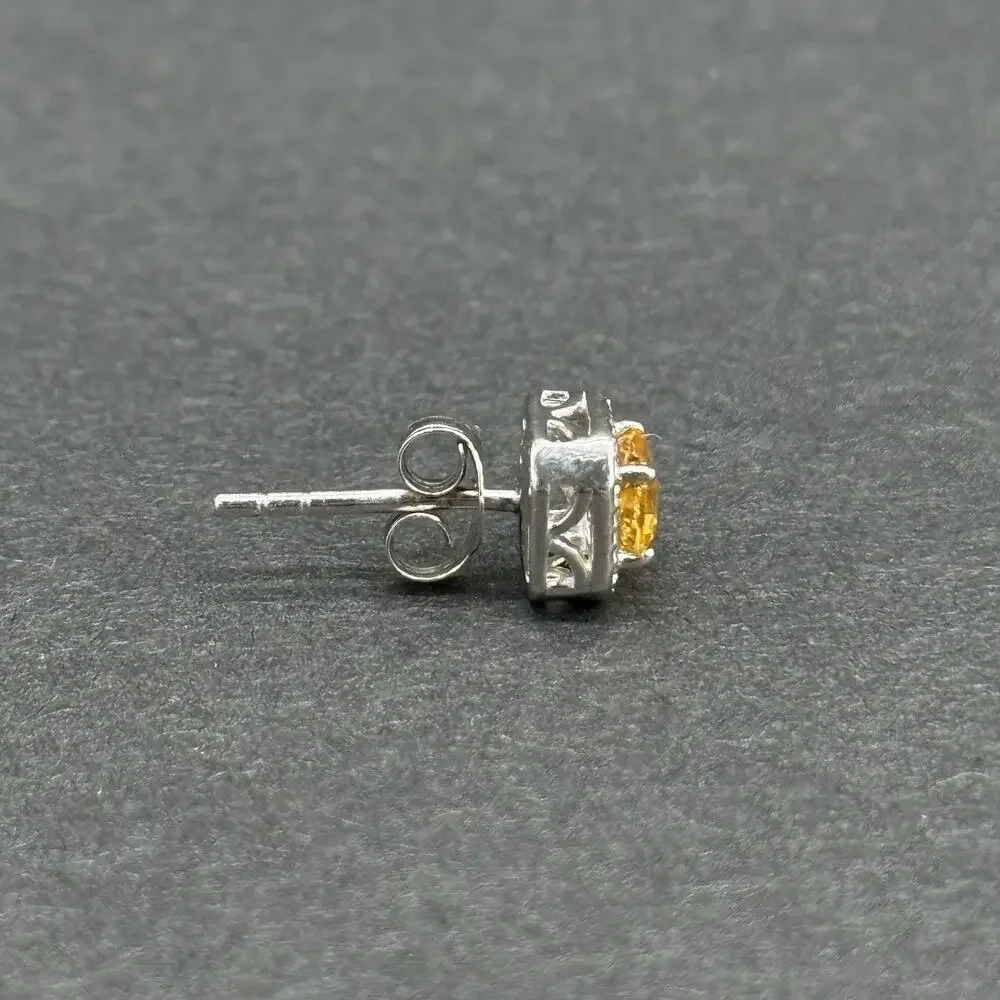 Signed STS 925 Sterling Silver Yellow Citrine Halo Pendant Necklace & Stud Earri
